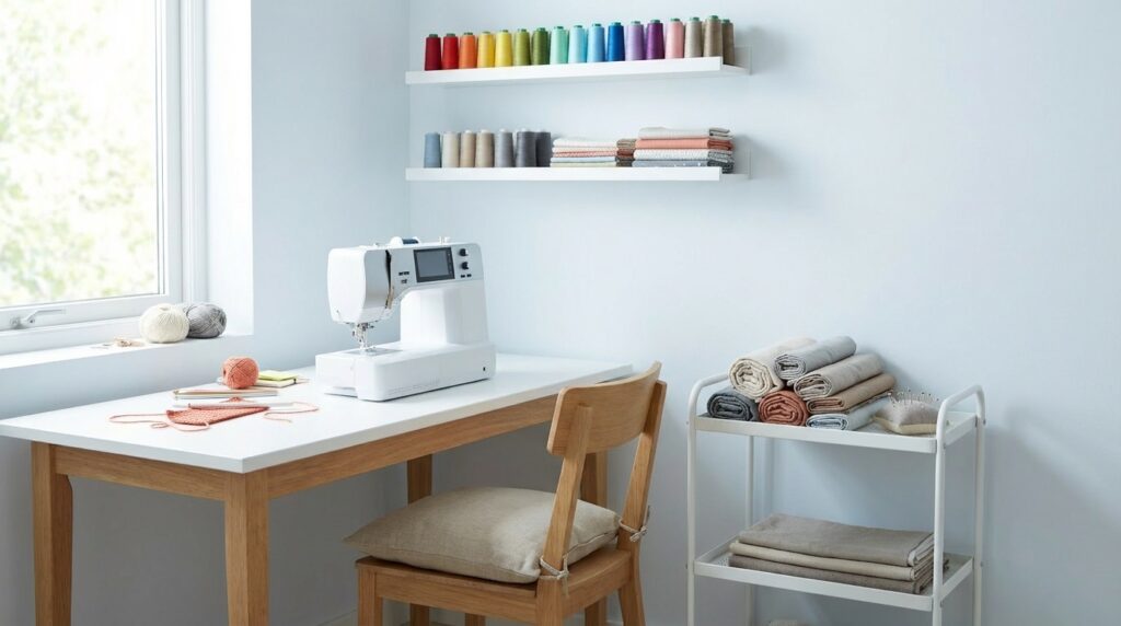 Gemütliches Nähzimmer mit Stickrahmen-Wand und Nähmaschine am Fenster
