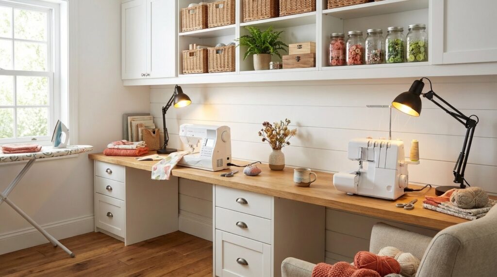 Warmes Nähzimmer mit Holzarbeitsplatte, Nähmaschinen, Glasgläsern und Regalen