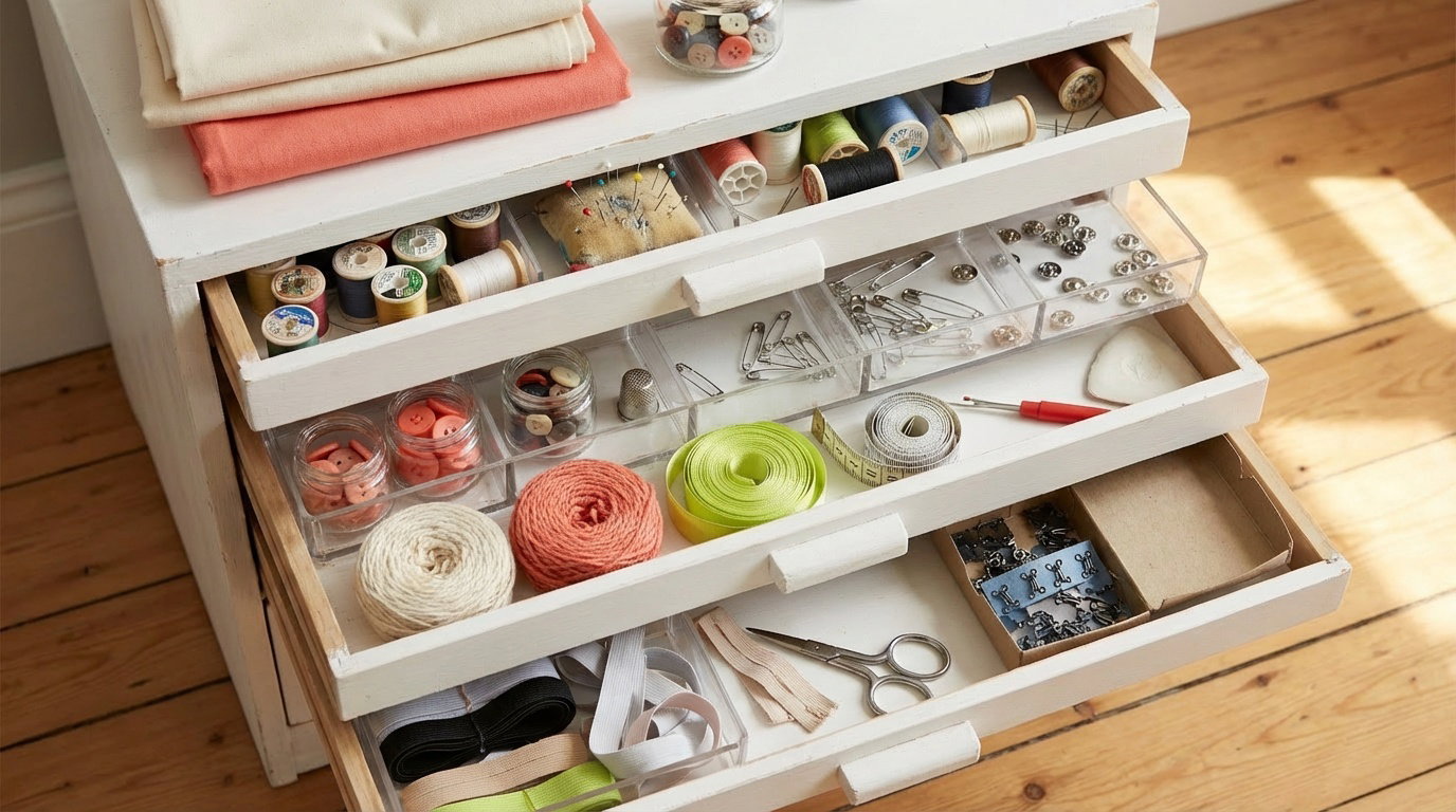 Weißer Schrank mit offenen Schubladen und sortiertem Nähzubehör – Garnrollen, Knöpfe, Borten und Kleinkram