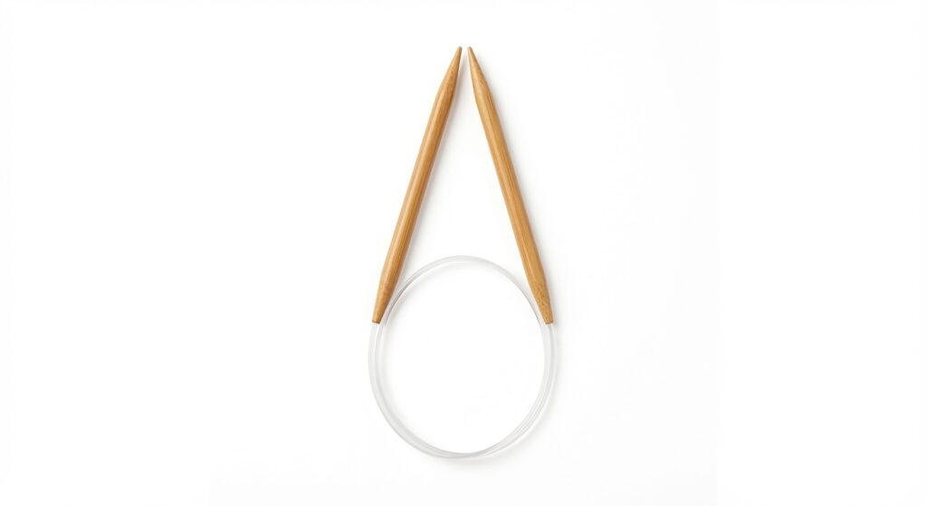 Rundstricknadel aus Bambus in Tropfenform mit flexiblem Kabel auf weißem Hintergrund