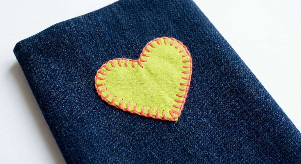Dekorativer Stoffflicken in Herzform auf Denim mit Zierstich