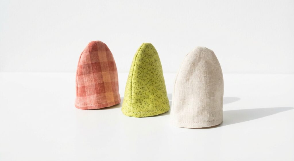 Drei selbstgenähte Eierwärmer in verschiedenen Stoffen auf weißem Hintergrund