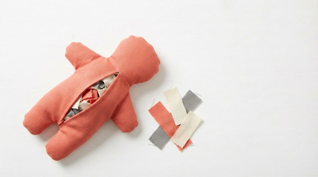 Offene Stoffhülle mit Stoffresten als Füllmaterial in Craftery-Farben