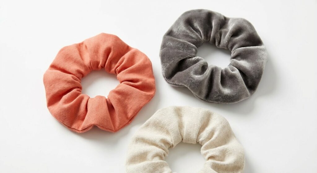 Drei selbstgenähte Scrunchies in Korall, Grau und Creme auf weißem Hintergrund