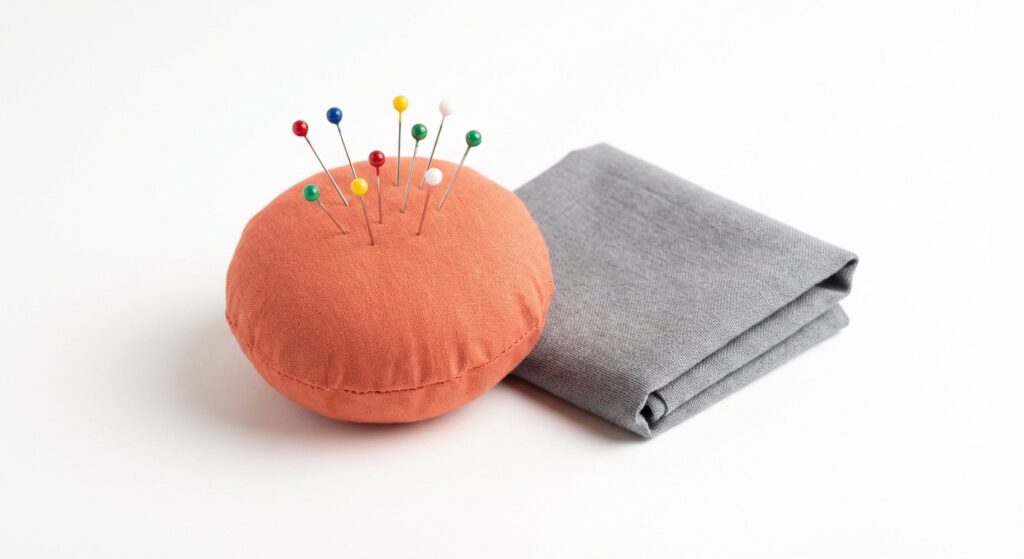 Selbstgenähtes Nadelkissen in Korallrot mit Stecknadeln auf weißem Hintergrund