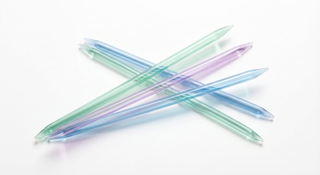 Mehrere farbige Glasstricknadeln in Grün, Lila und Blau diagonal überkreuzt auf weißem Hintergrund