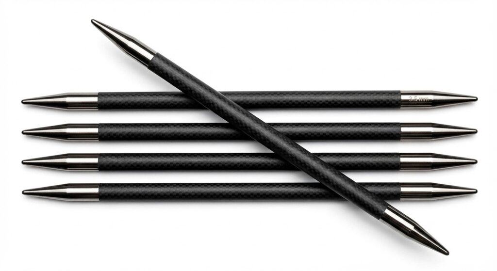 Fünf schwarze Karbon-Stricknadeln mit silbernen Spitzen als Nadelspiel auf weißem Hintergrund