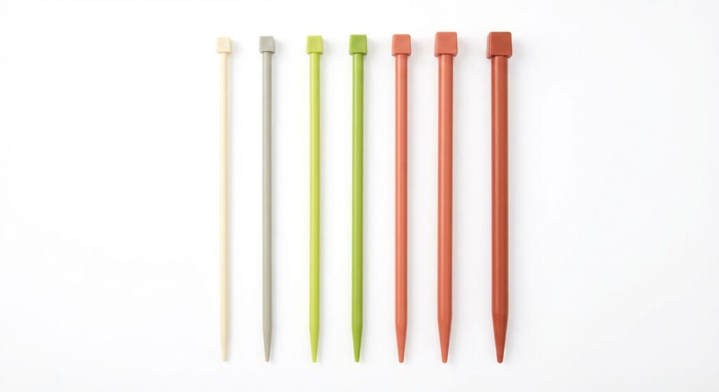 Mehrere bunte Kunststoff-Stricknadeln in Craftery-Farben nebeneinander auf weißem Hintergrund