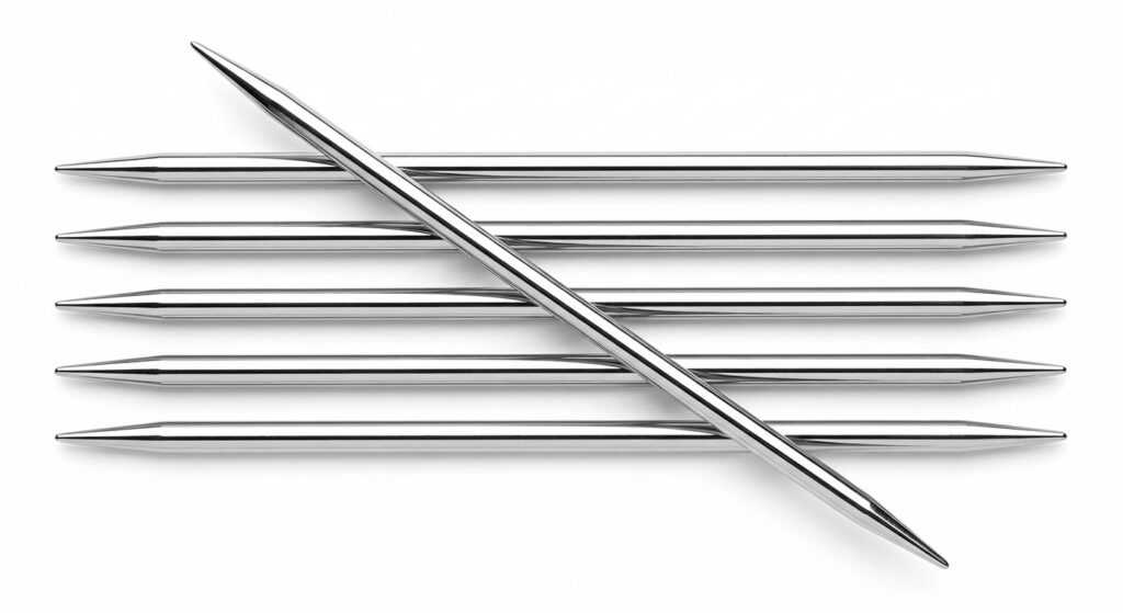 Fünf silberne Aluminium-Stricknadeln mit glänzender Oberfläche und beidseitigen Spitzen auf weißem Hintergrund