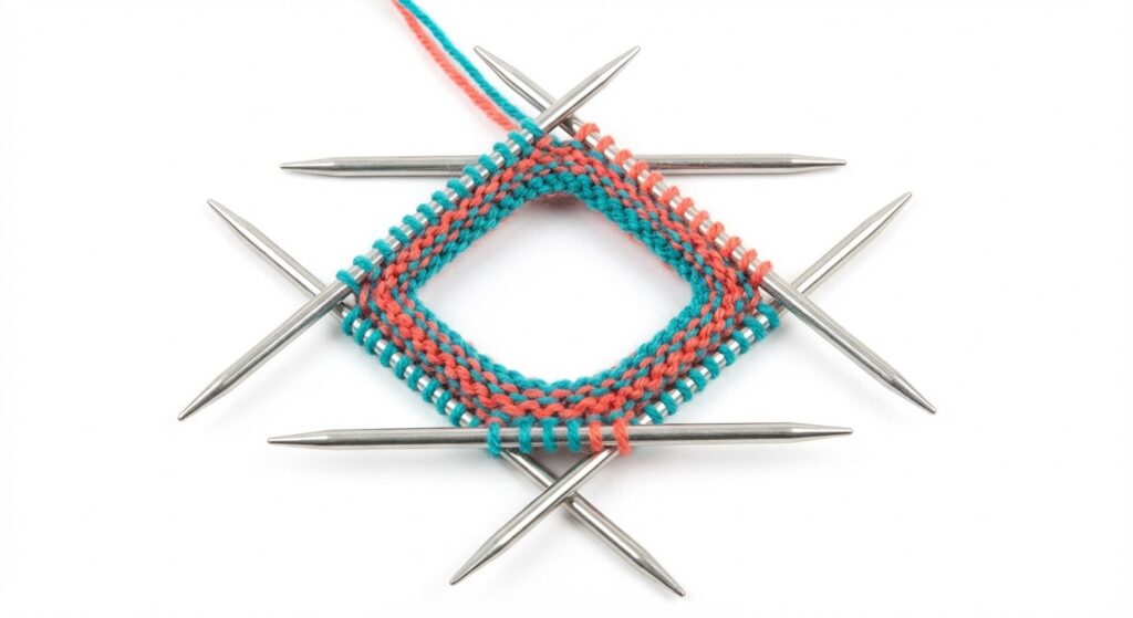 Stricknadeln im Nadelspiel in Quadrat-Formation mit farbiger Wolle auf weißem Hintergrund