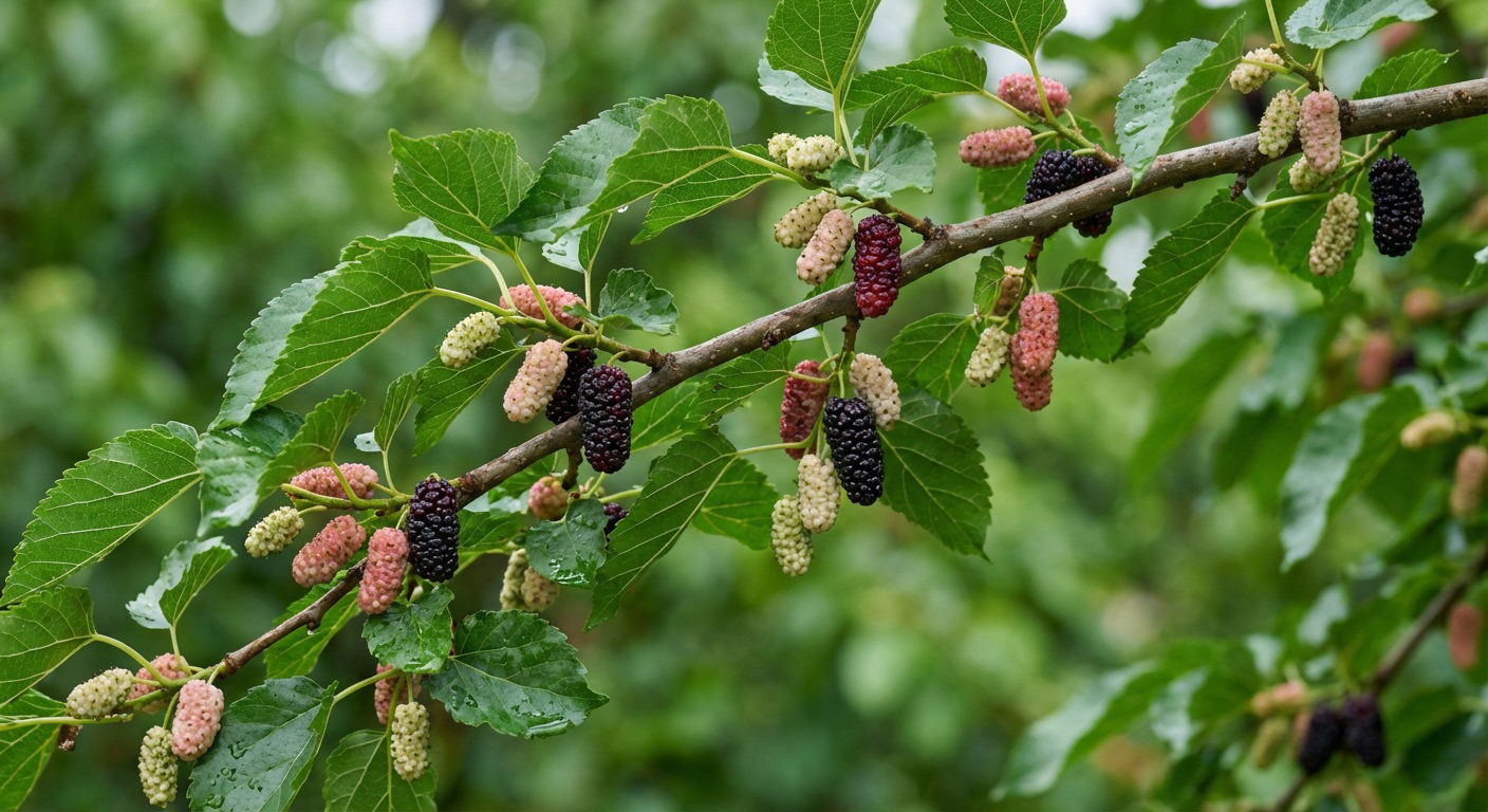 Der weiße Maulbeerbaum – Nahrungsquelle der Seidenraupen und Ursprung der Seidenproduktion Maulbeerbaum mit reifen Maulbeeren in verschiedenen Reifestufen – Futterpflanze der Seidenraupe