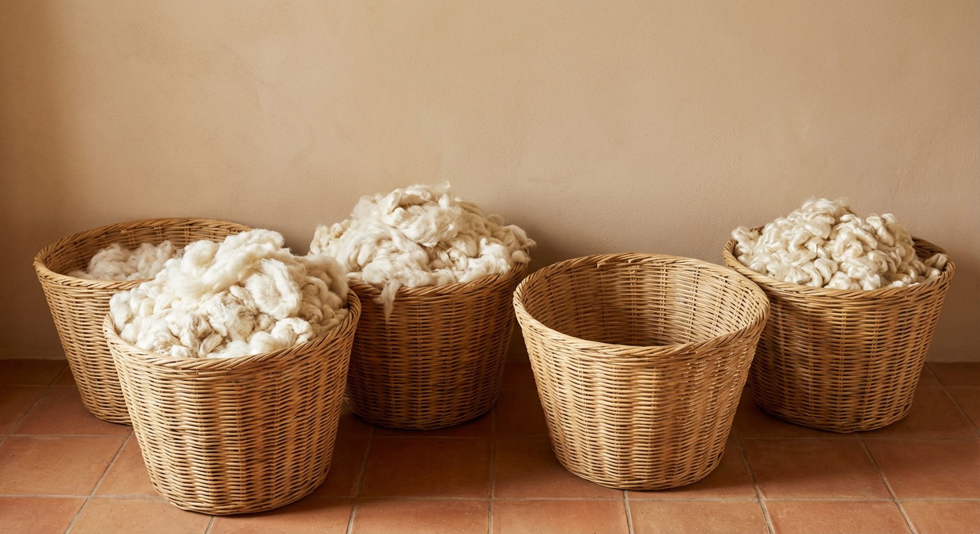 Weidenkörbe mit Rohseide vor orientalischem Teppich – traditionelle Seidenproduktion