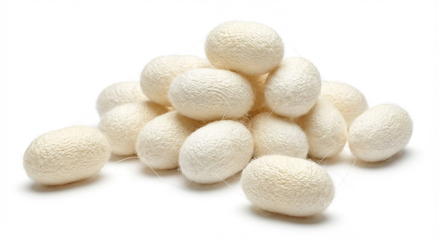 Seidenkokons – Rohstoff der Maulbeerseide Natürliche cremeweiße Seidenkokons auf weißem Hintergrund – Rohstoff der Seidengewinnung