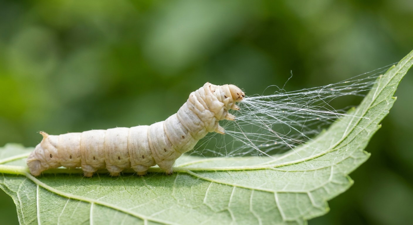 Seidenraupe (Bombyx mori) beim Spinnen des Kokons – Ursprung der Seidengewinnung Seidenraupe spinnt ihren weißen Seidenkokon auf einem grünen Maulbeerblatt