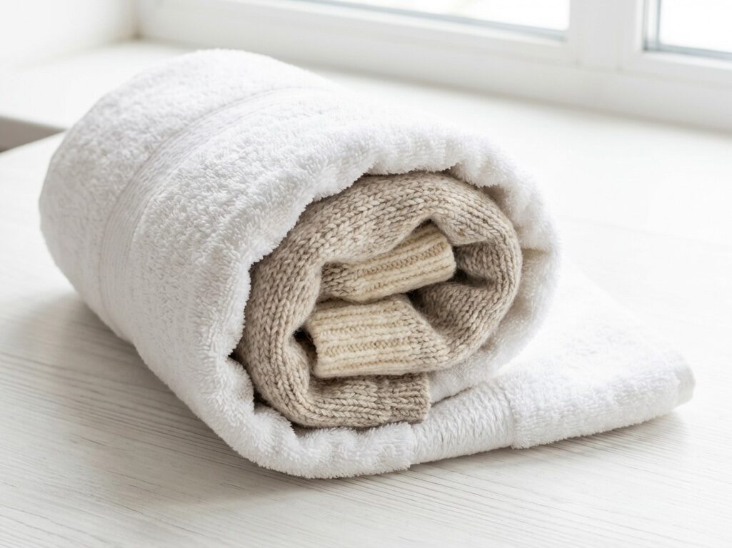 Gestricktes Wollstück in ein weißes Handtuch gerollt zum liegenden Trocknen