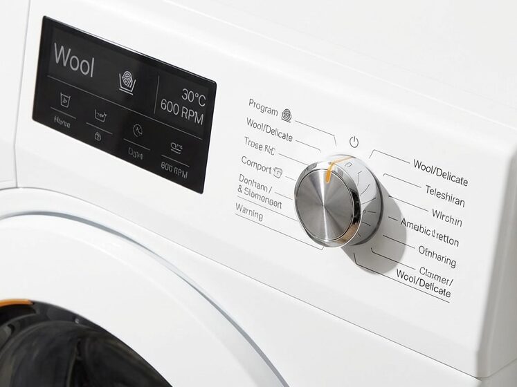 Waschmaschine auf Wollwaschgang eingestellt mit Wollwaschmittel daneben