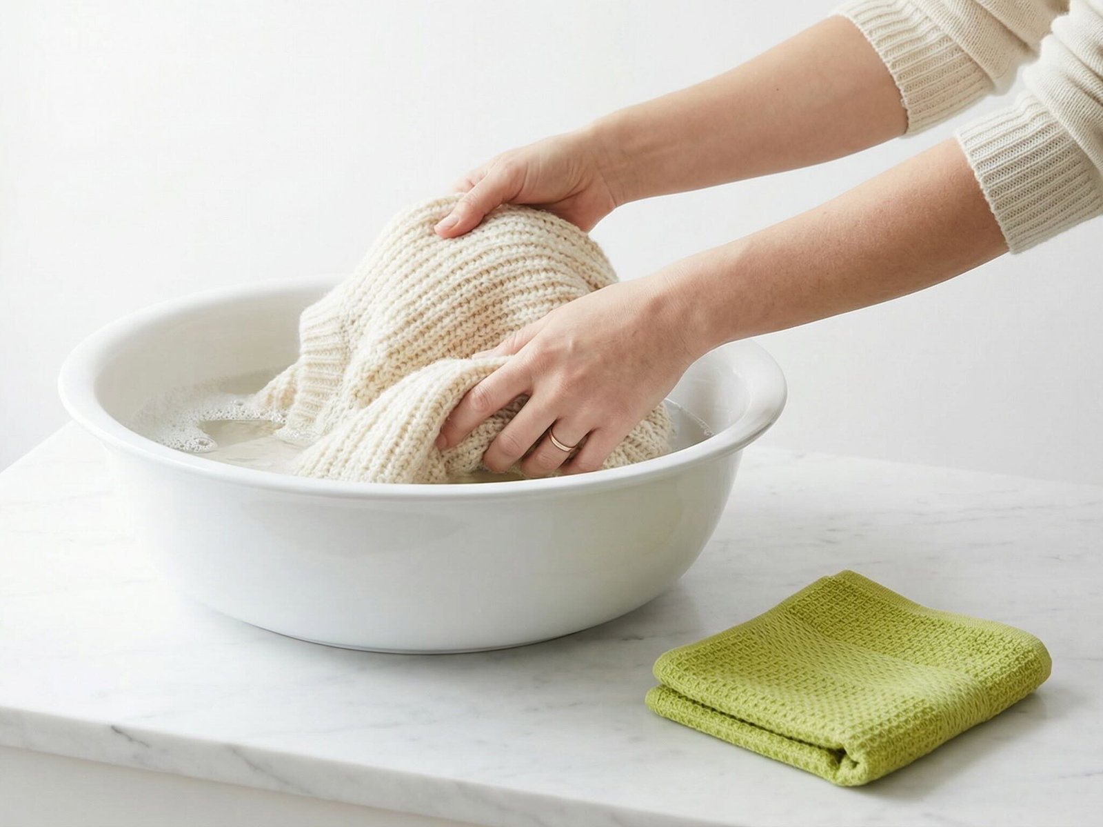 Hände waschen ein gestricktes Wollstück sanft in einer weißen Schüssel mit lauwarmem Wasser