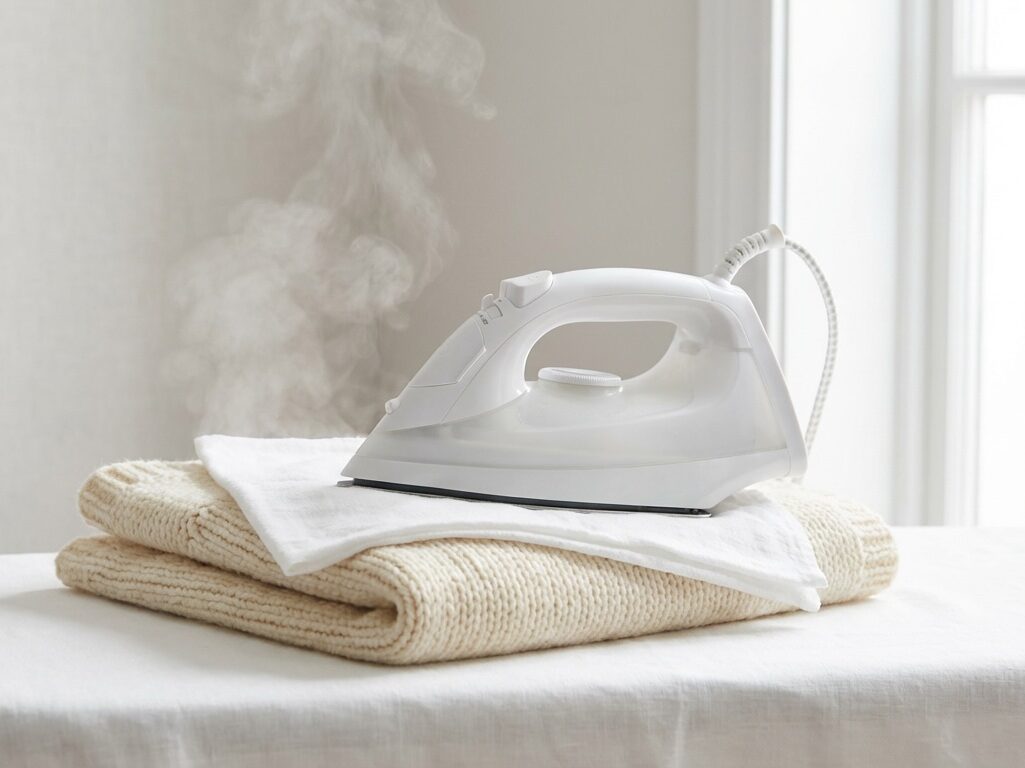 Dampfbügeleisen auf gestricktem Wollstück mit feuchtem Baumwolltuch dazwischen