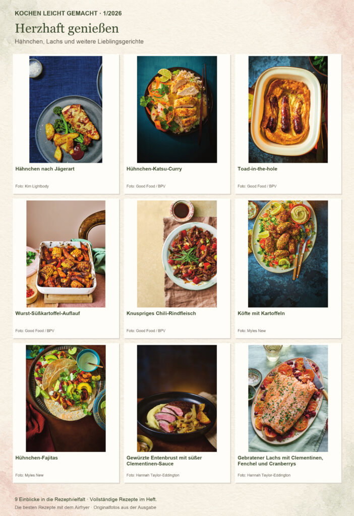 Kochen leicht gemacht 1/2026: Hähnchen nach Jägerart, Hühnchen-Katsu-Curry, Toad-in-the-hole, Wurst-Süßkartoffel-Auflauf, Knuspriges Chili-Rindfleisch, Köfte mit Kartoffeln, Hühnchen-Fajitas, Gewürzte Entenbrust mit süßer Clementinen-Sauce, Gebratener Lachs mit Clementinen, Fenchel und Cranberrys.