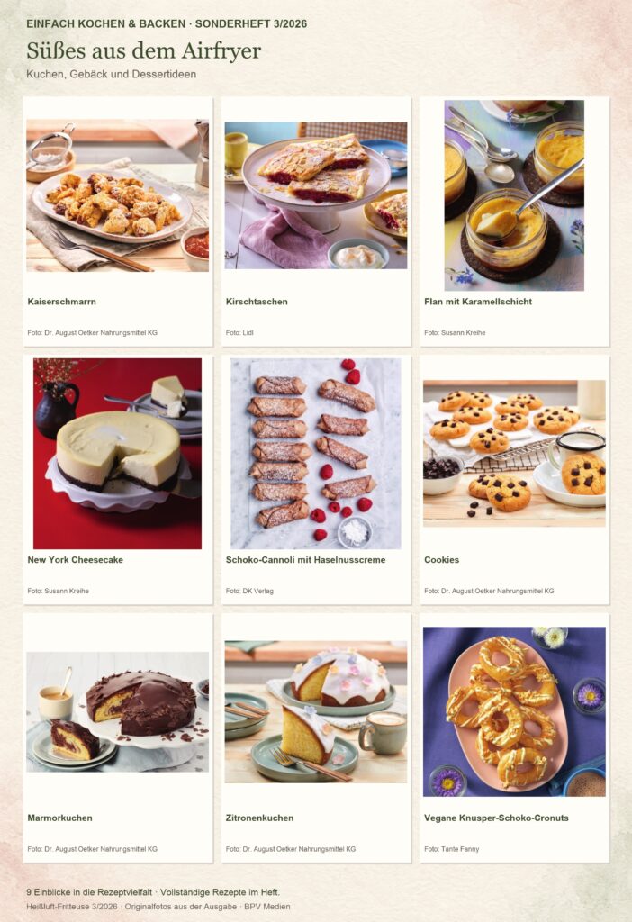 Einfach Kochen & Backen Sonderheft Heißluft-Fritteuse 3/2026: Kaiserschmarrn, Kirschtaschen, Flan mit Karamellschicht, New York Cheesecake, Schoko-Cannoli mit Haselnusscreme, Cookies, Marmorkuchen, Zitronenkuchen, Vegane Knusper-Schoko-Cronuts.