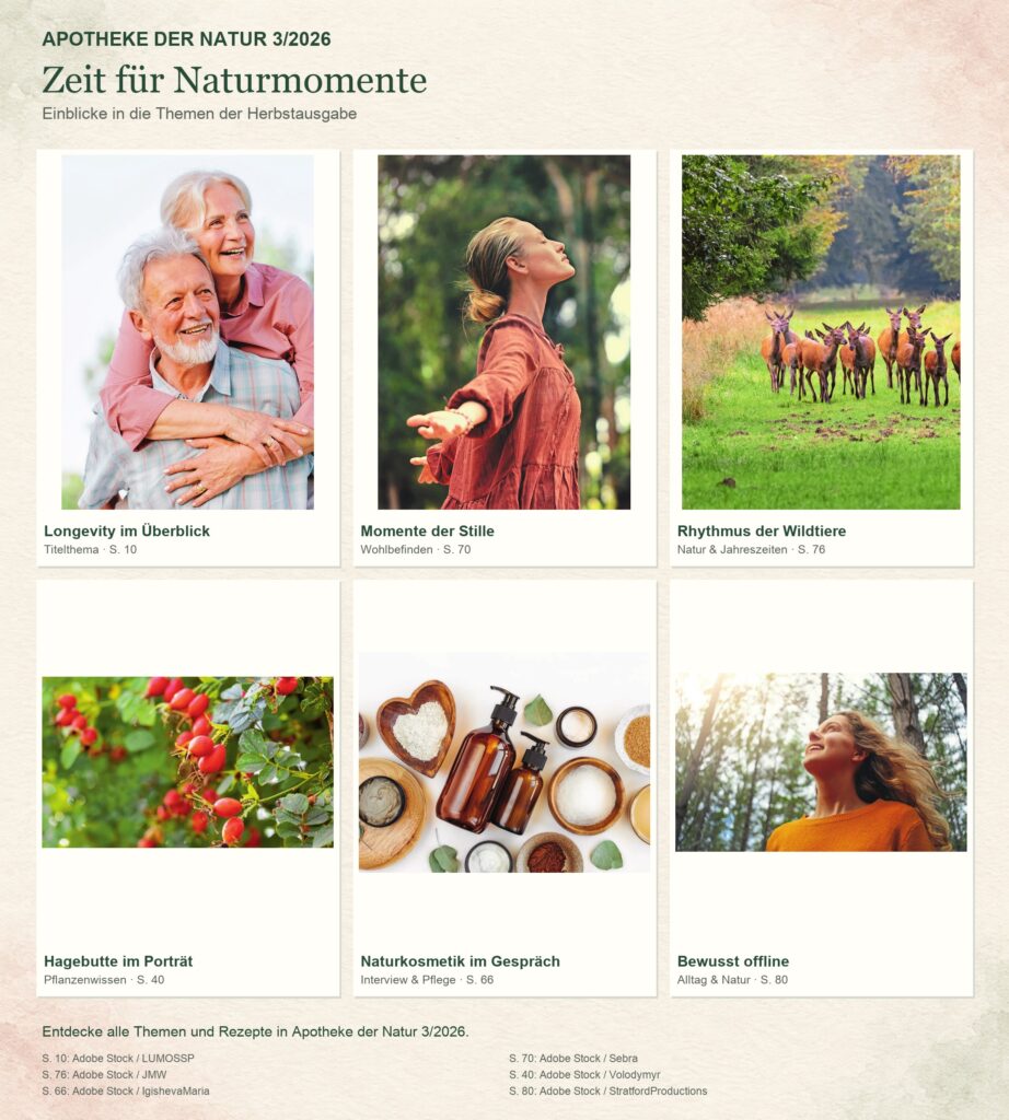 Apotheke der Natur 3/2026: Longevity im Überblick, Momente der Stille, Rhythmus der Wildtiere, Hagebutte im Porträt, Naturkosmetik im Gespräch, Bewusst offline. Sechs Originalbilder aus dem Heft.
