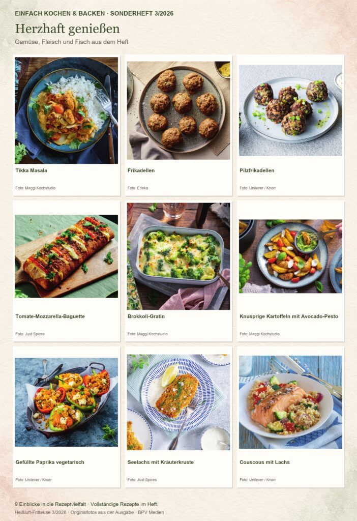 Einfach Kochen & Backen Sonderheft Heißluft-Fritteuse 3/2026: Tikka Masala, Frikadellen, Pilzfrikadellen, Tomate-Mozzarella-Baguette, Brokkoli-Gratin, Knusprige Kartoffeln mit Avocado-Pesto, Gefüllte Paprika vegetarisch, Seelachs mit Kräuterkruste, Couscous mit Lachs.
