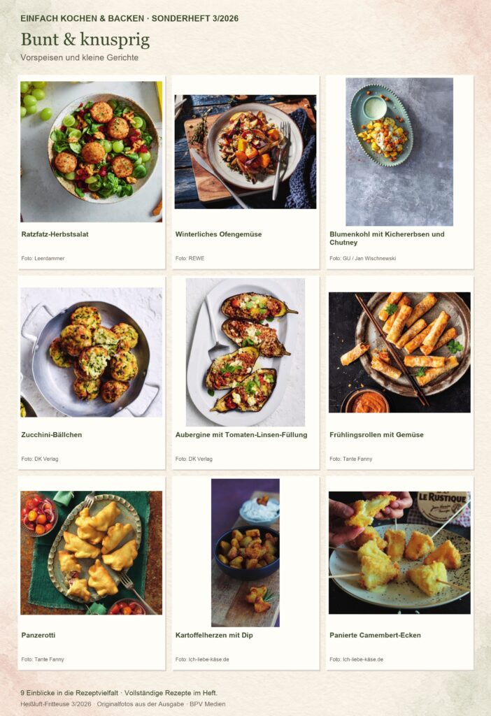 Einfach Kochen & Backen Sonderheft Heißluft-Fritteuse 3/2026: Ratzfatz-Herbstsalat, Winterliches Ofengemüse, Blumenkohl mit Kichererbsen und Chutney, Zucchini-Bällchen, Aubergine mit Tomaten-Linsen-Füllung, Frühlingsrollen mit Gemüse, Panzerotti, Kartoffelherzen mit Dip, Panierte Camembert-Ecken.