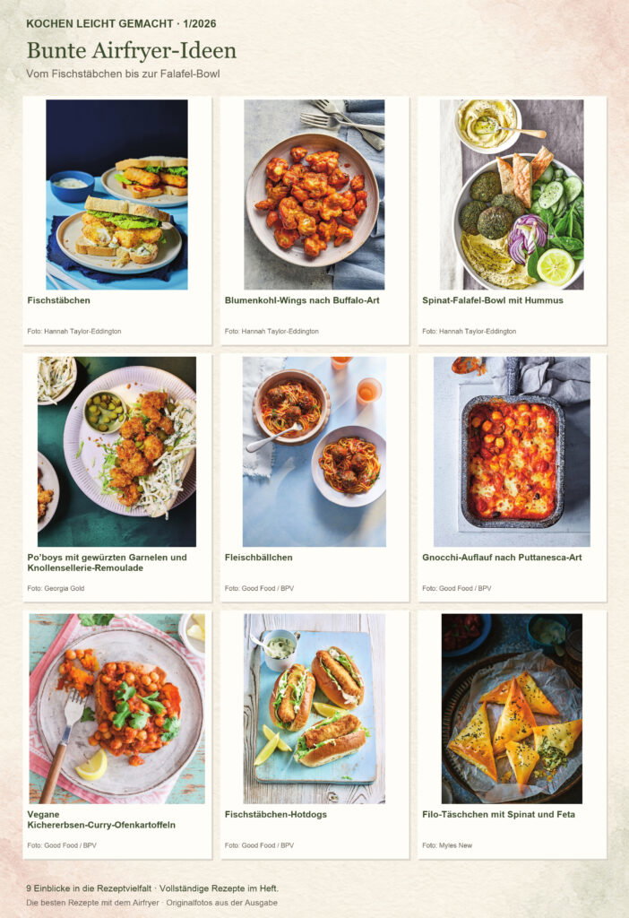 Kochen leicht gemacht 1/2026: Fischstäbchen, Blumenkohl-Wings nach Buffalo-Art, Spinat-Falafel-Bowl mit Hummus, Po’boys mit gewürzten Garnelen und Knollensellerie-Remoulade, Fleischbällchen, Gnocchi-Auflauf nach Puttanesca-Art, Vegane Kichererbsen-Curry-Ofenkartoffeln, Fischstäbchen-Hotdogs, Filo-Täschchen mit Spinat und Feta.